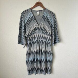 Ali Ro Dress Womens 8 Blue Silver Metallic Zig Zag Knit Kimono Work